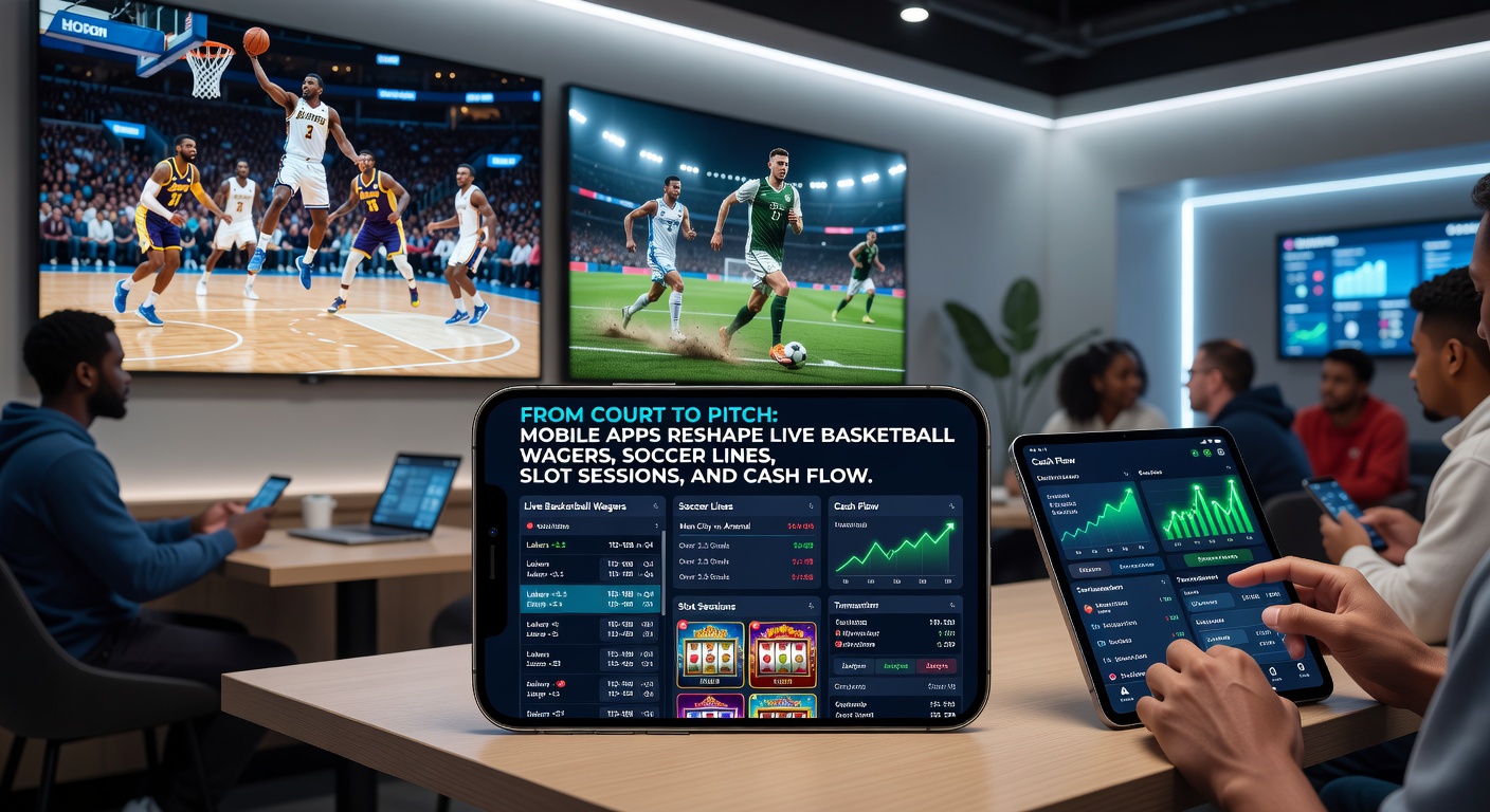 Smartphone displaying live basketball betting odds alongside a soccer pitch graphic and slot reels spinning in the background