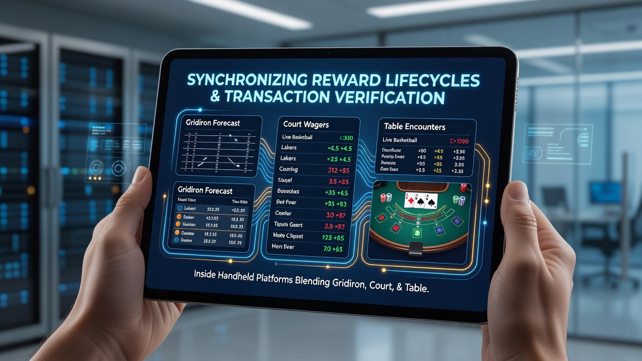 Mobile app interface showing synchronized reward cycles and verified transactions for football, basketball, and casino table games